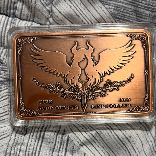 AVDP 5 AVDP oz .999 Fine Copper Bar Winged Figure Design w/ Display Case