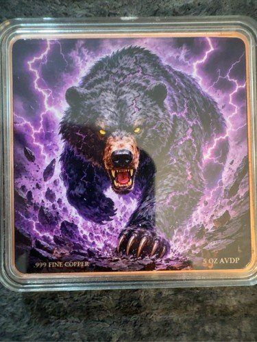 5 oz .999 Fine Copper Bar Purple Lightning Bear Design Bullion