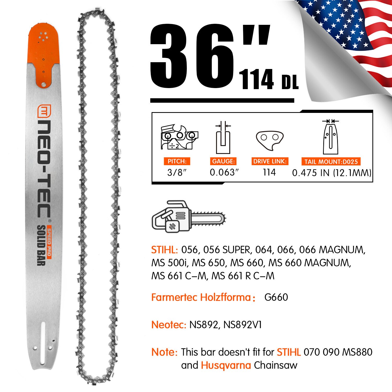 36" Chainsaw Guide Bar & Saw Chain Combo 3/8" 0.063" 114DL Fit for Stihl MS661