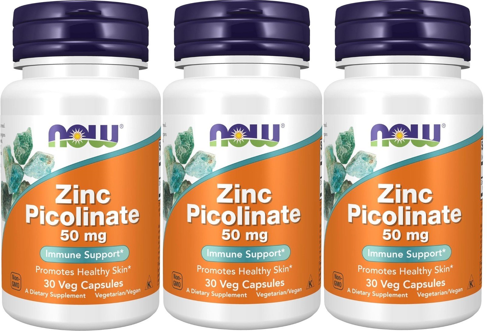 NOW Zinc Picolinate 50mg 30 Veg Caps, Enzyme Functions, Immune & Skin 3PACK