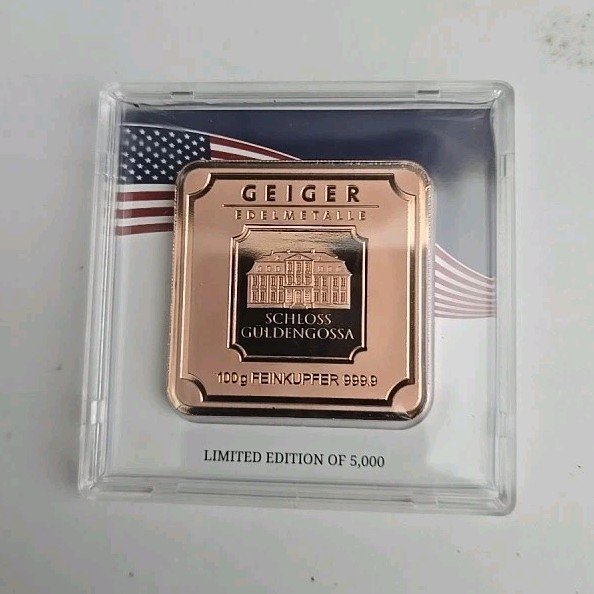 Geiger Edelmetalle Schloss Güldengossa 100g 999.9 Fine Copper Bar Limited 5000
