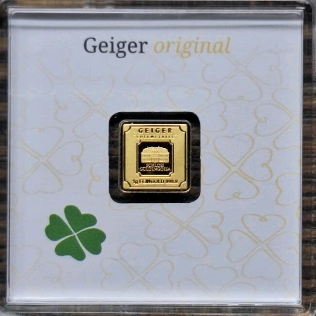 Geiger Original 1g .9999 Gold Bar Edition Glück Clover Lucky Assay Certificate
