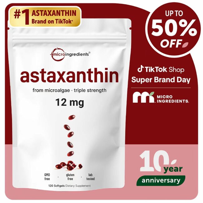 Micro Ingredients Astaxanthin 12mg,120 softgels,tanning pills, Strength Caroteno