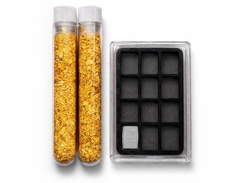 Valcambi 1g Silver Bar Display Case w/ 1 Bar & 2 Gold Flake Vials