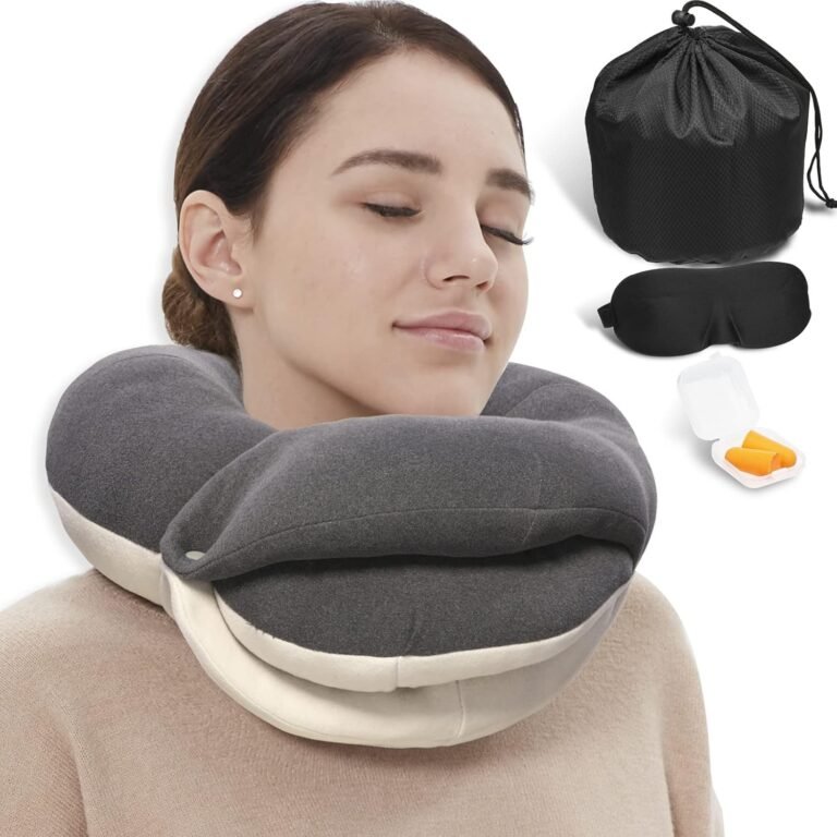 Air travel neck pillow, comes with 3D eye mask, earplugs, and storage bag