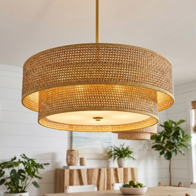 18'' Boho Pendant 3 Light Woven Rattan Linen Chandelier for Living Room Fixture