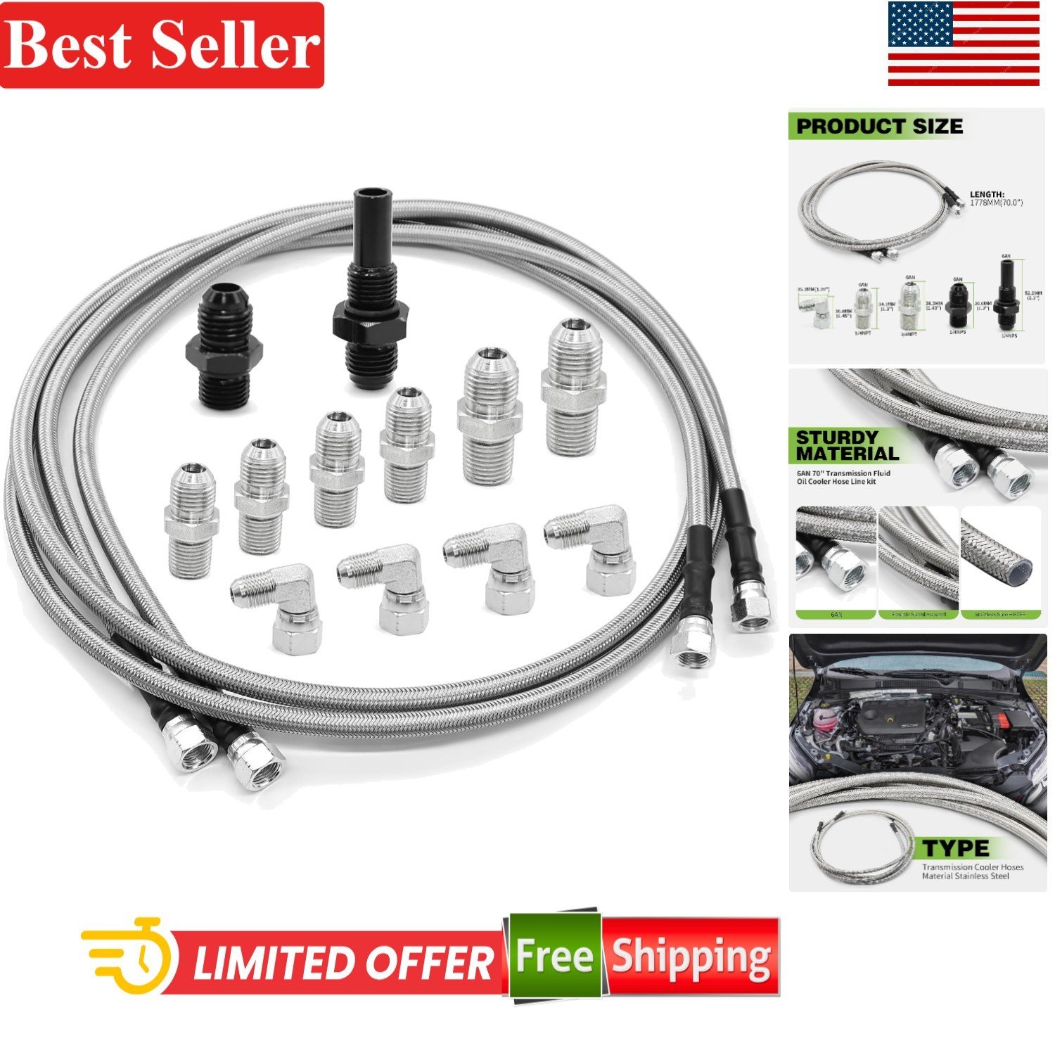 Transmission Cooler Lines Kit 70" with 6AN Fittings Compatible with 6AN Trans...