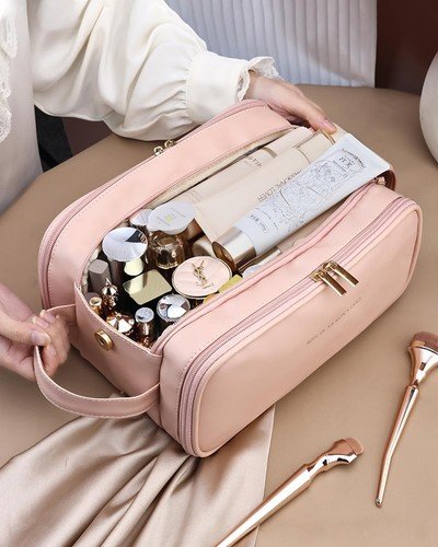 Large Travel Makeup Bag for Women Waterproof Leather Cosmetic Organizer Pink Pou