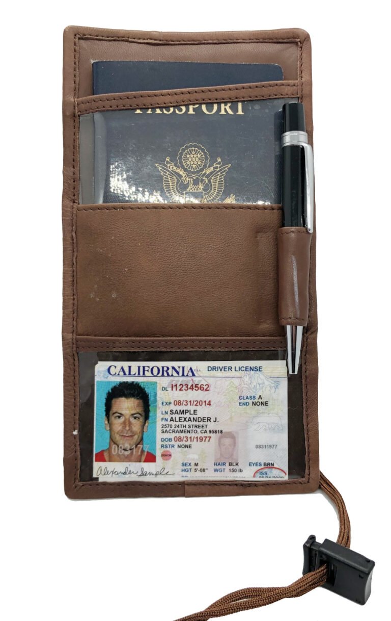 Brown Leather Passport Cover Neck Strap ID Holder Card Wallet Travel Lanyard