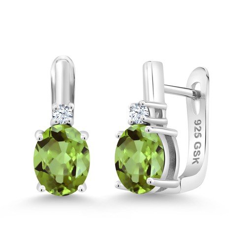 Rhodium On Sterling Silver 925 Green Peridot Bar Stud Dangle Earrings