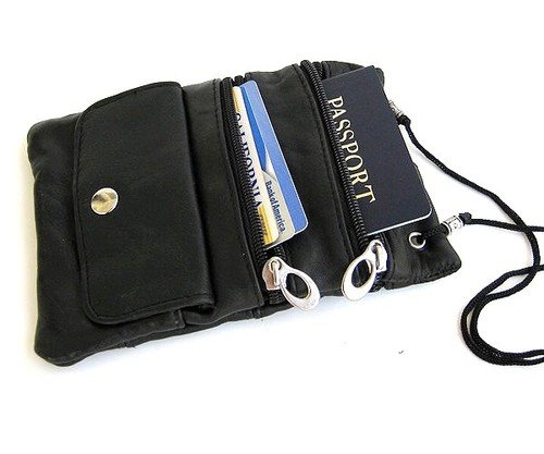 Black leather ID Travel Bag Neck Strap Lanyard Passport Holder