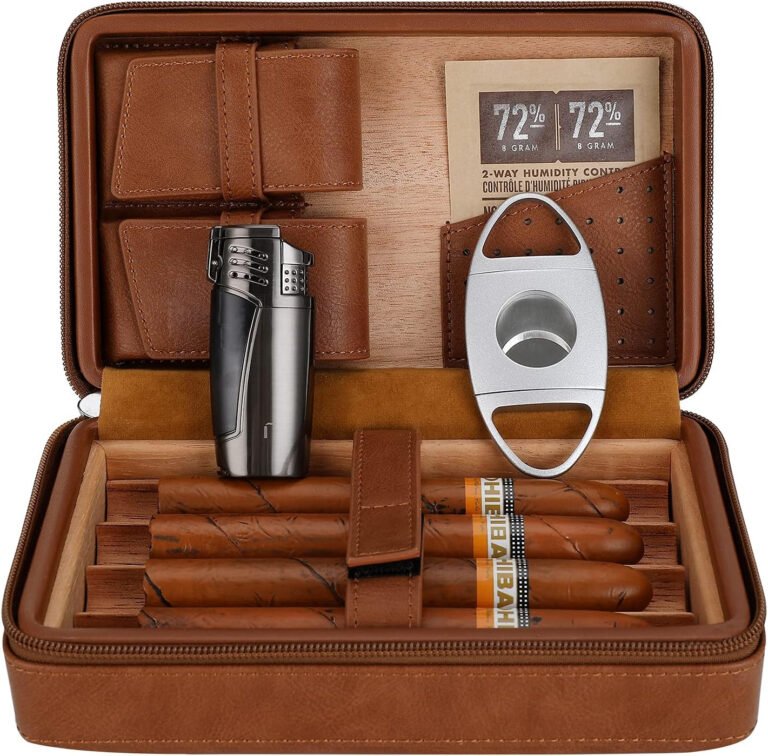 Luxury Cedar Leather Cigar Travel Humidor & Accessories Gift Set – Brown