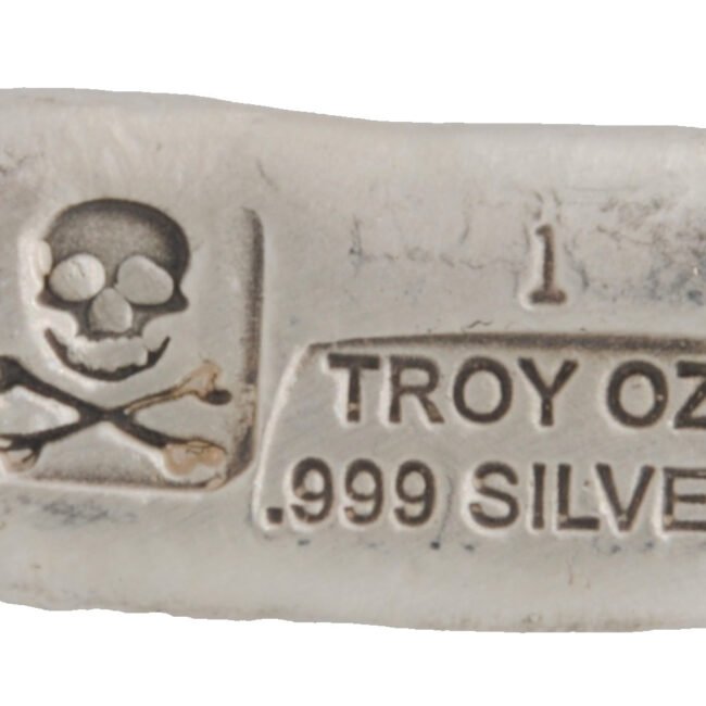 1 Ounce .999 Fine Silver Skull and Crossed Bones Hand Poured Bar Ingot Bullion