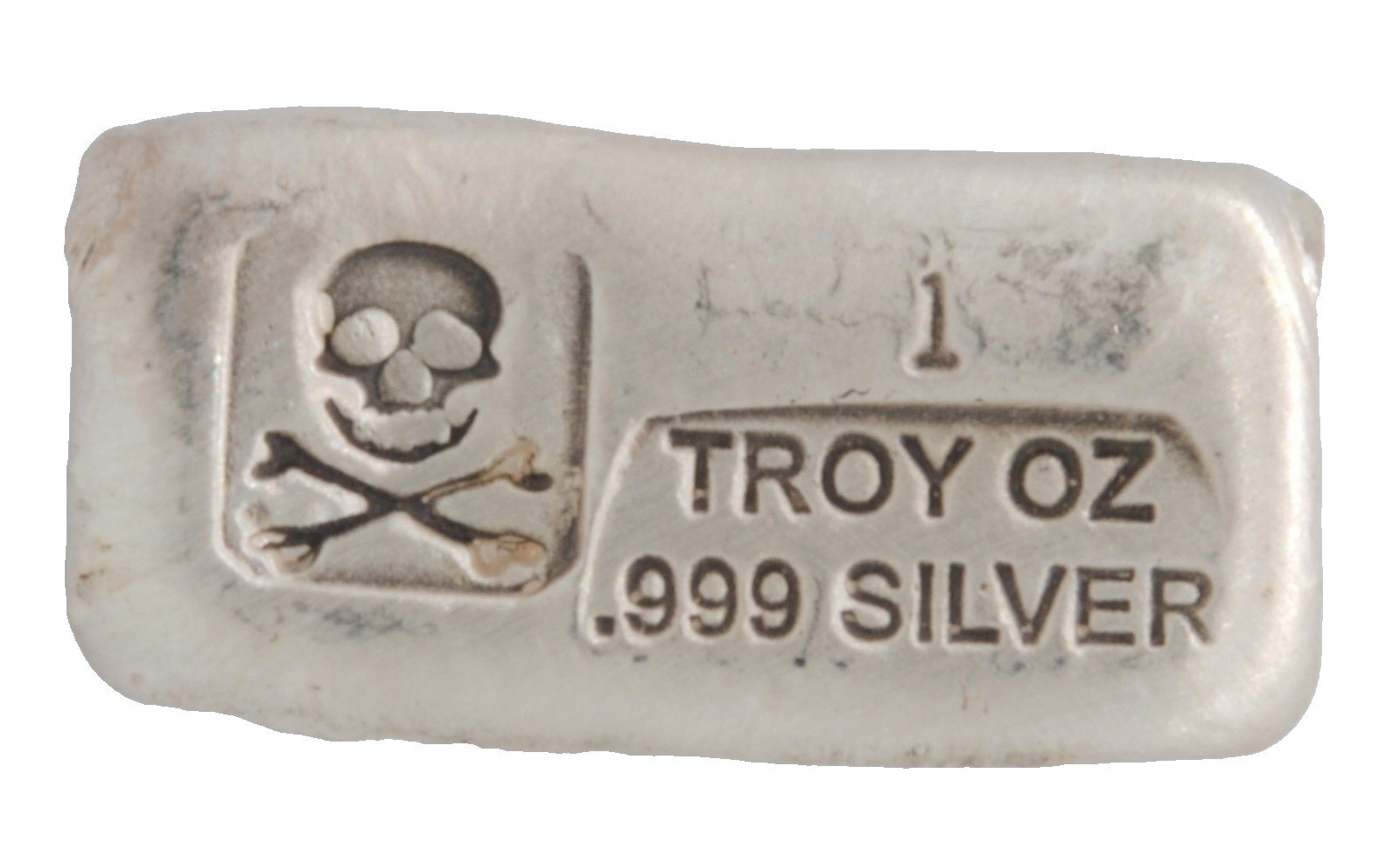 1 Ounce .999 Fine Silver Skull and Crossed Bones Hand Poured Bar Ingot Bullion
