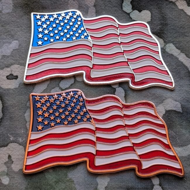 2pc Cherry Mint 1oz Copper  American Waving Flag Shaped Bars.  USA!! 500 mintage