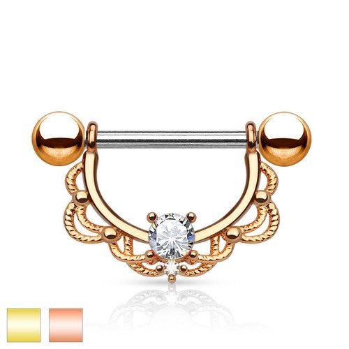 Pair of CZ Fligree 14K Gold Plated Surgical Steel Nipple Rings Barbells 14G 5/8"
