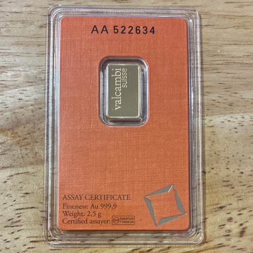 Valcambi Suisse 2.5g .9999 Fine Gold Bar Bullion w/ Assay Certificate