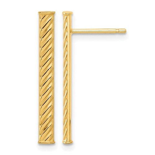 14k Yellow Gold and Textured Bar Stud Earrings for Her 0.86g L-25.47mm, W-2.91mm