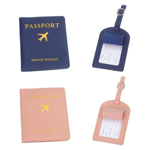 2 Set of Leather Passport Cover Holder and Luggage Tag, Pink/Dark Blue