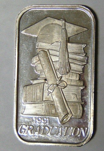 Graduation Cap and Diploma 1 oz .999 Silver Bar Dated 1991 Proof Strike (62321)