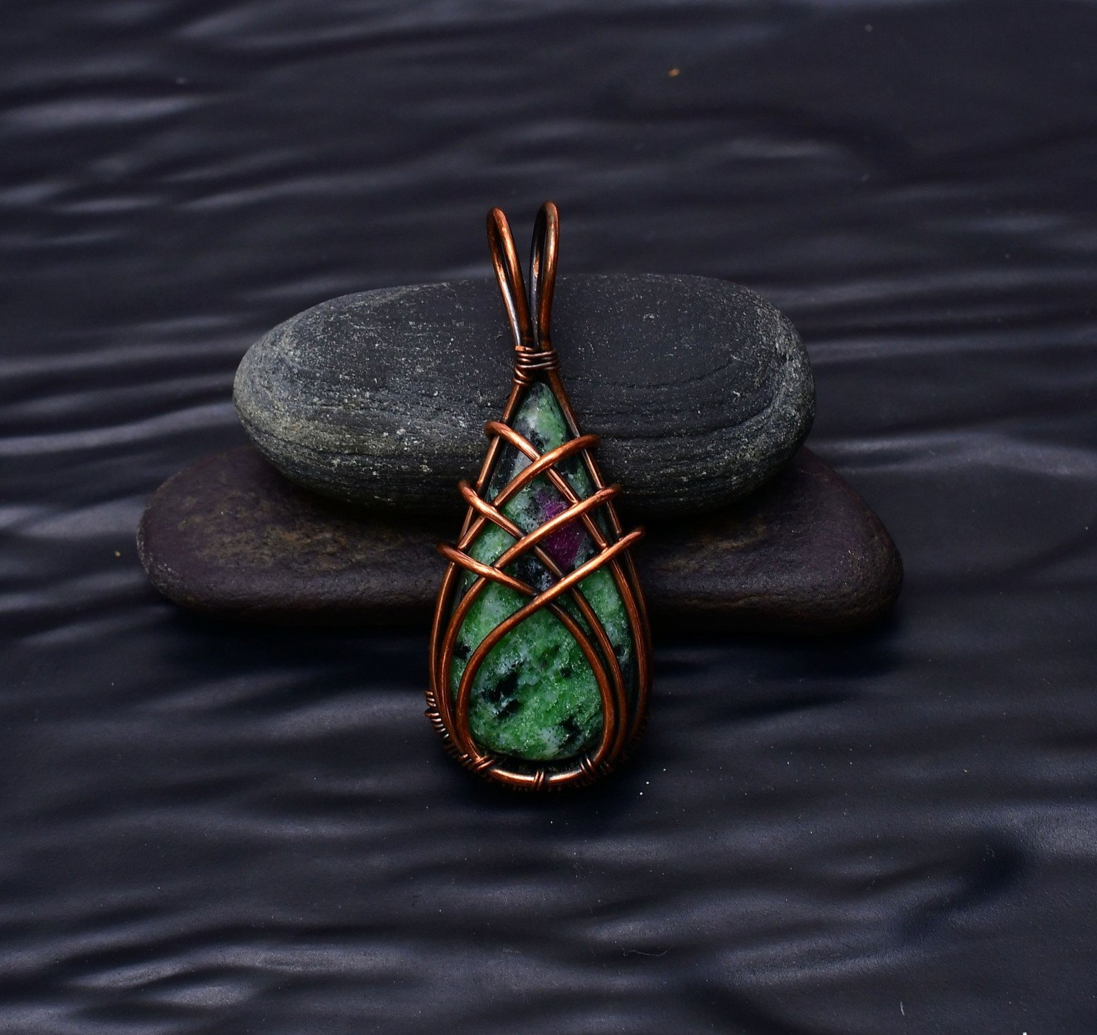 Ruby Zoisite Gemstone Copper Wire Wrapped Handmade Jewelry Pendant 2.20"