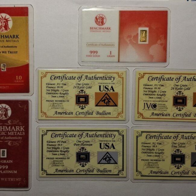 BENCHMARK & ACB GRAIN BAR LOT 4 - PURE GOLD 1 - SILVER 1.5 - PLATINUM IN ASSAY