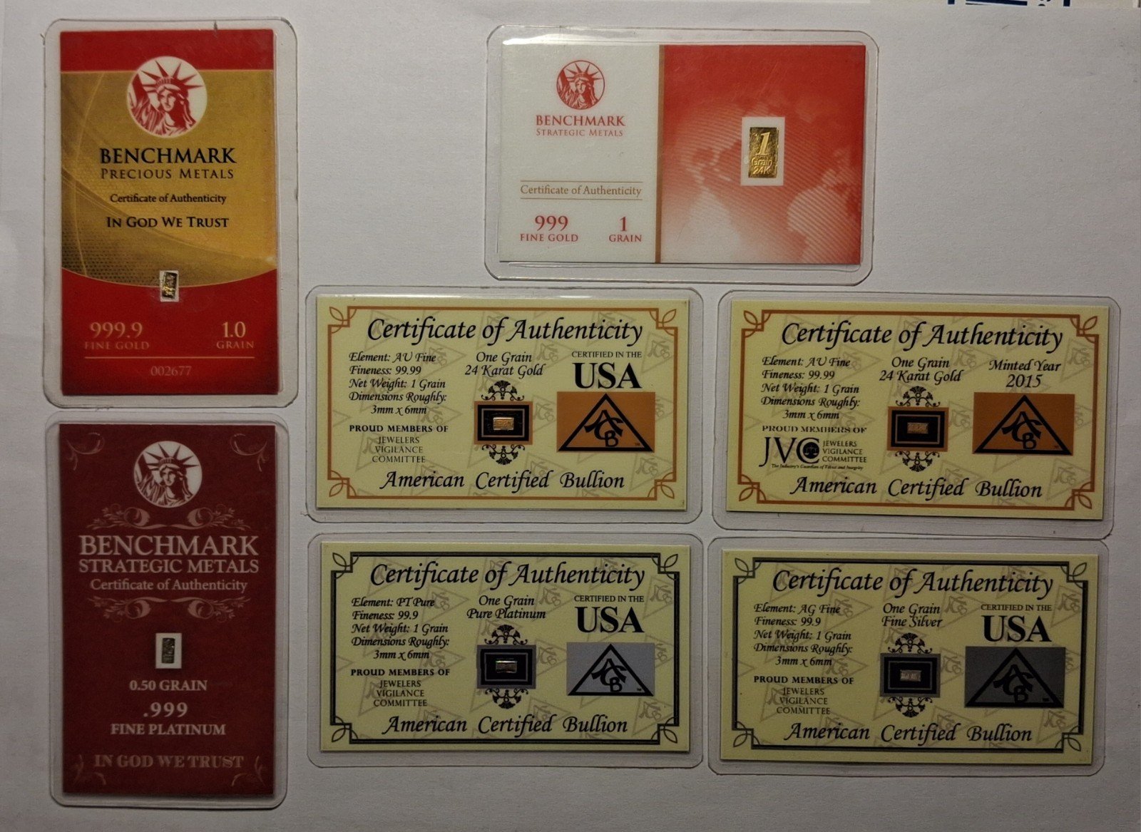 BENCHMARK & ACB GRAIN BAR LOT 4 - PURE GOLD 1 - SILVER 1.5 - PLATINUM IN ASSAY