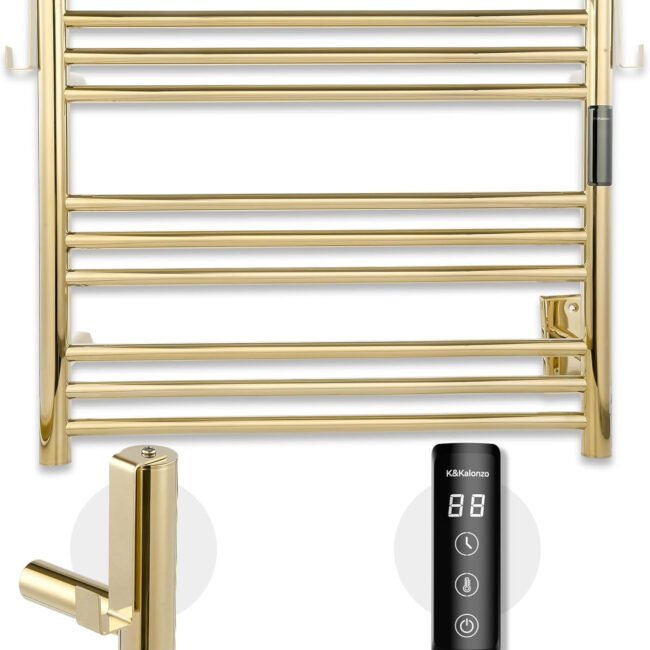 Polished Gold 9-Bar Wall-Mounted Towel Warmer with Timer & Waterproof Design