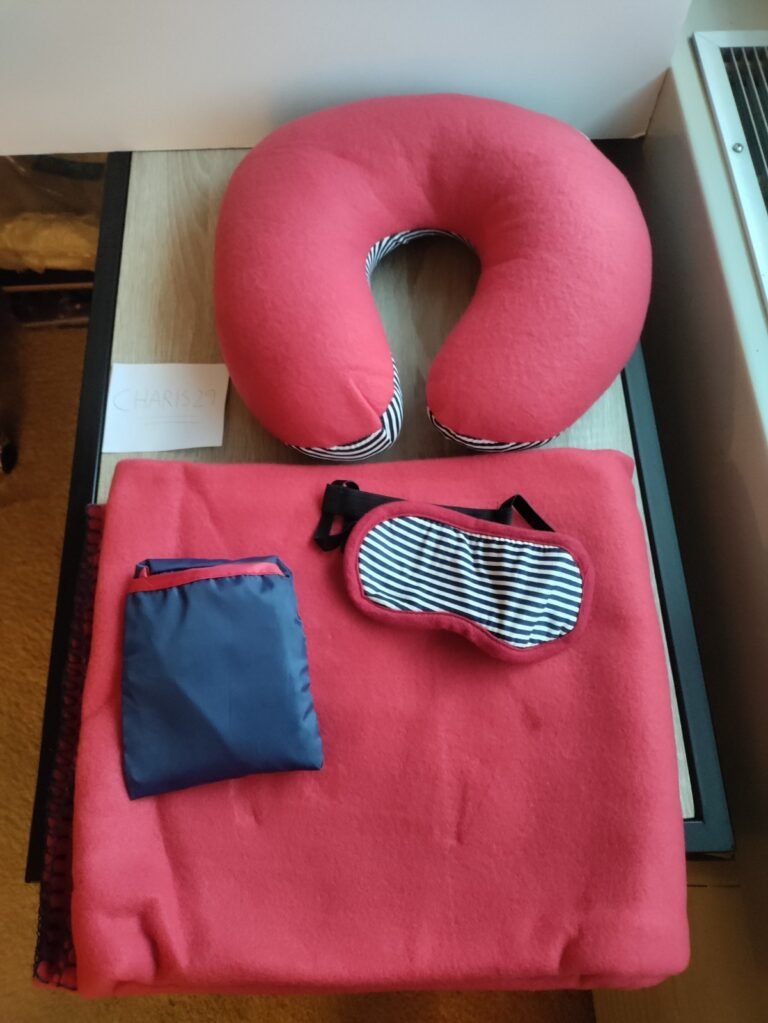 Travel Comfort 4-Piece Set Neck Pillow Blanket (50″ x 60) Eye Mask Tote Blue/Red