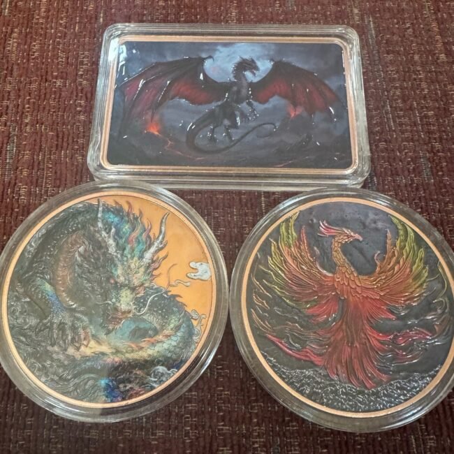3pc Lot 5oz .999 Copper - Dragon Bar, Dragon Round, Phoenix Round