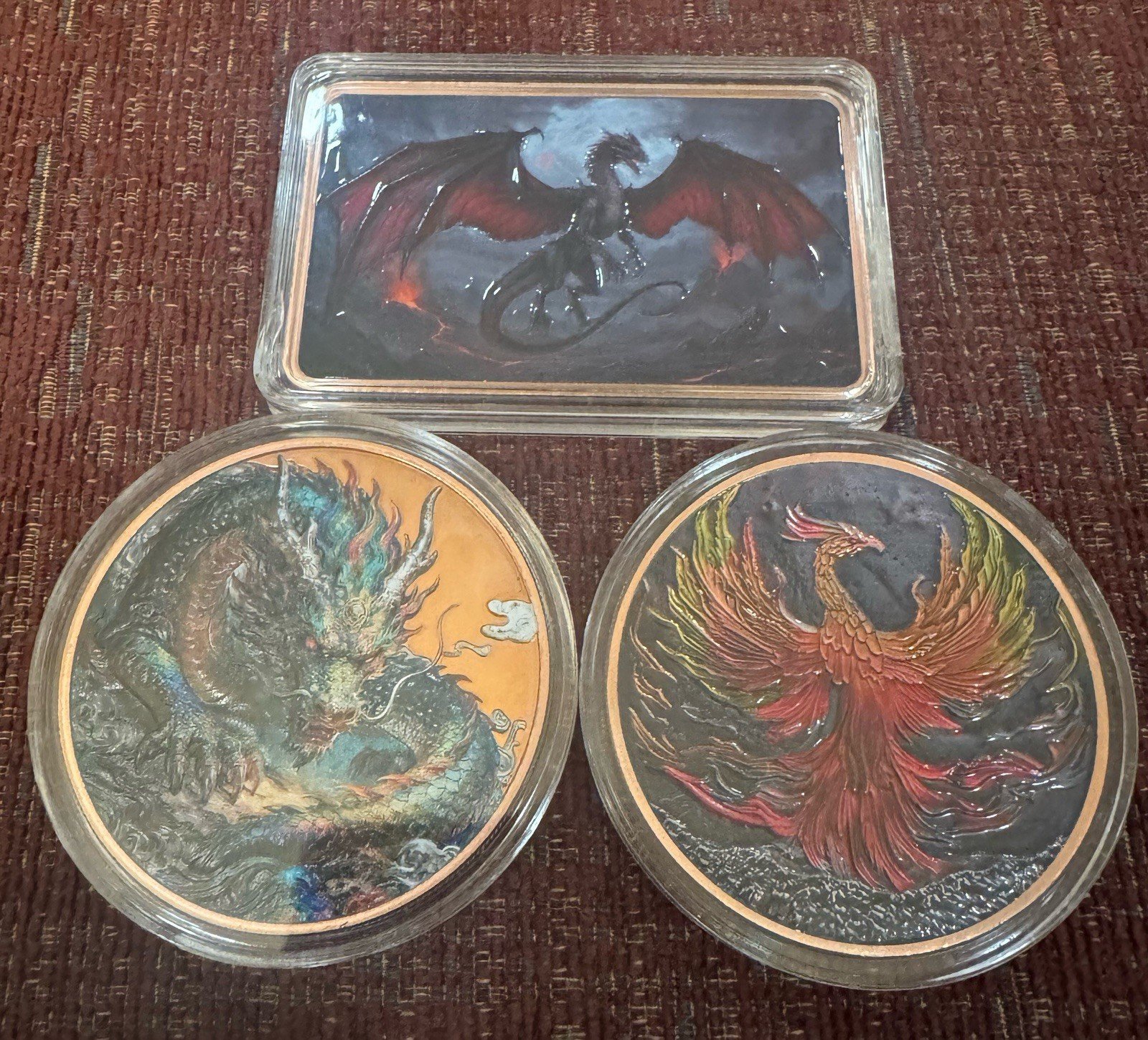 3pc Lot 5oz .999 Copper - Dragon Bar, Dragon Round, Phoenix Round