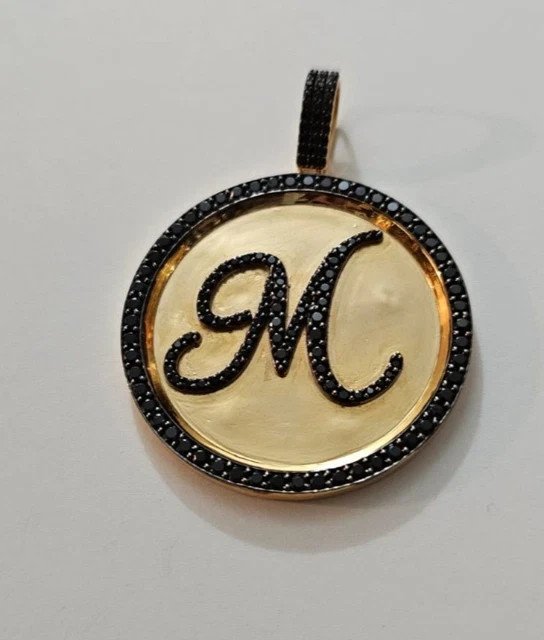 M Letter Circle Pendant 14K Two Gold Plated 2Ct Round Lab Created Black Diamond