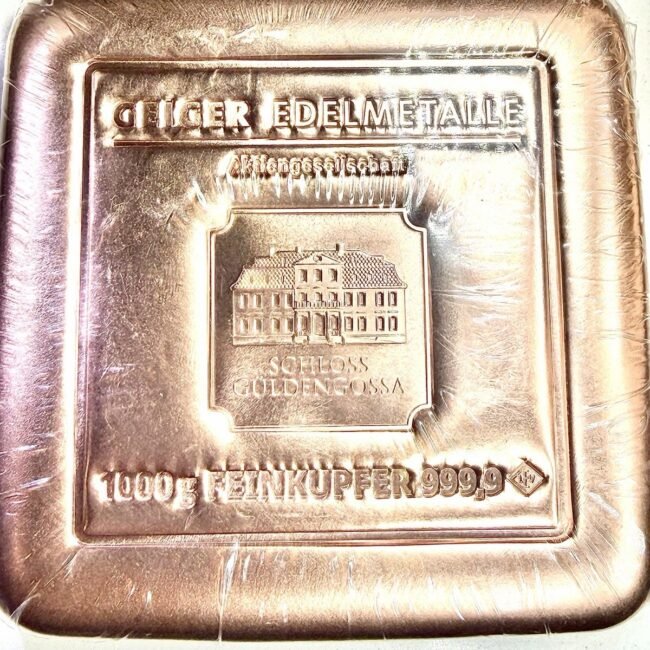 1000g Geiger Edelmetalle .9999 Copper Bar Made In Germany Sealed COA