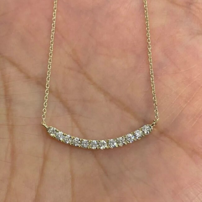 0.90Ct Lab Created Diamond Curve Bar Pendant 14K Yellow Gold Plated Free Chain