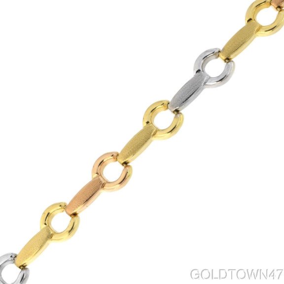 14kt Yellow+White+Rose Gold Textured Shiny Bar+Round Link Fancy Bracelet