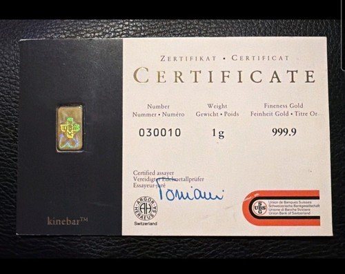 Zertifikat Kinebar - HOLOGRAPHIC (UBS) 1 GRAM- Vintage -  Gold 999.9