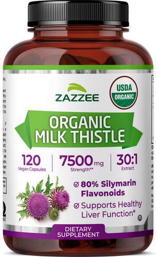 USDA Organic Milk Thistle 7500 mg Strength 120 Vegan Caps 80% Silymarin, Kosher