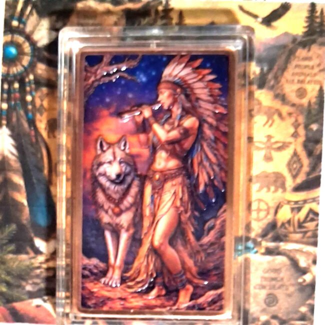 10: INDIAN & WOLF COPPER BULLION BARS 3D HI-RELIEF UV COLORED 1 Oz BU .999 FINE