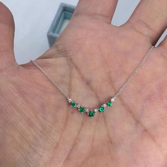 0.28Ct Round Cut Lab-Created Emerald Bar Pendant 14K White Gold Plated 18" Chain