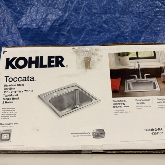KOHLER Toccata 15" x 15" x 7.5" Stainless Steel Bar Sink 2-Hole, Free Fast Shipp