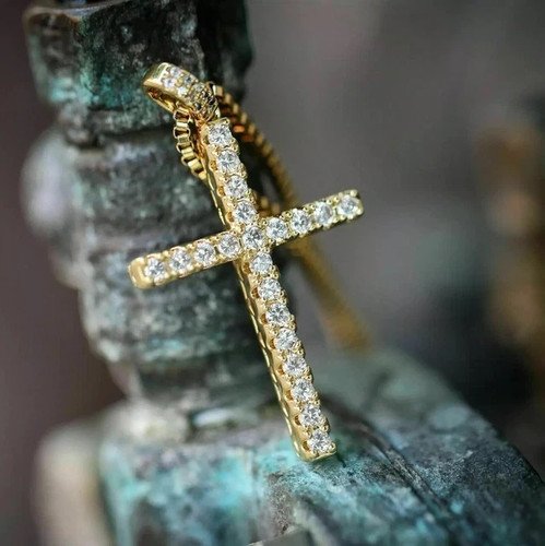 1.22Ct Round Cut Lab Created Diamond Unisex Cross Pendant 14k Yellow Gold Plated