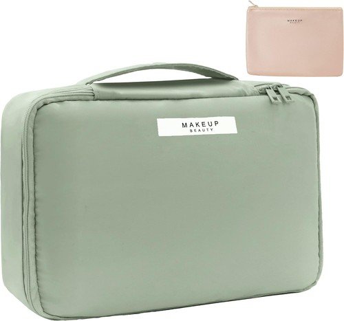 Travel Makeup Bag Cosmetic Organizer Waterproof 3 Compartment Portable Green