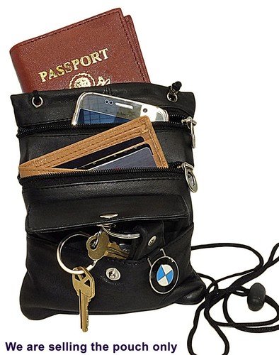 Set of 4 Black Genuine Leather Utility Holder Crossbody Bag Travel Neck Strap