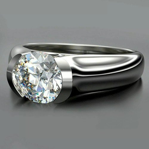 2 Carat Round Cut Real Moissanite Half Bar Engagement Ring Solid 14k White Gold