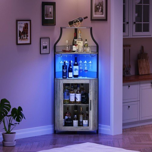 Corner Bar Cabinet 5-Tier Liquor Storage with Glass Rack & Adjustable Shelves