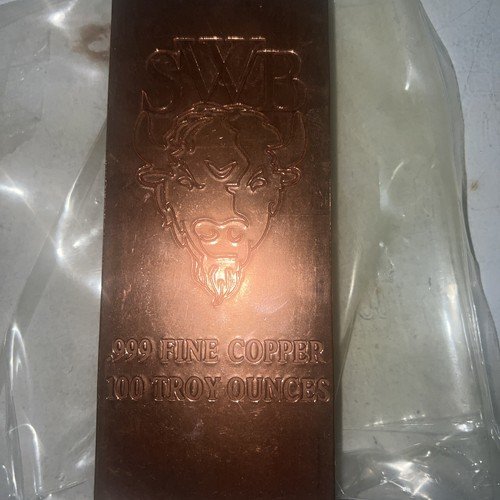 100 oz Pure Copper Bullion Bar - SWB 999 Fine Copper Bar  - 100 ounces Very Rare