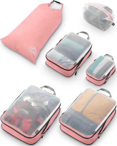 5pcs Travel Compression Packing Cubes for Men Women Beige Polyester